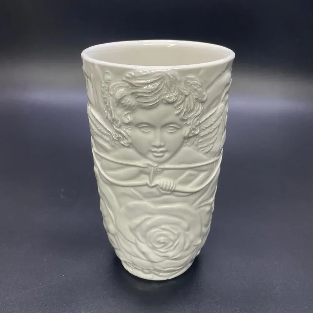 Vtg Italian Cherub White Vase 3D Roses Art Pottery Neoclassical Italy 7778/21